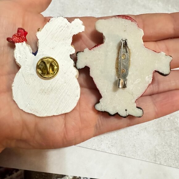 Santa & Snowman Holiday Brooch Set | Hand-Painted Resin Christmas Pins - Picture 3 of 4